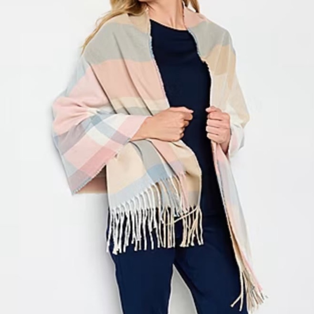 Liz Claiborne Knit Scarf Autumn Plaid Tan Blue Pink NEW